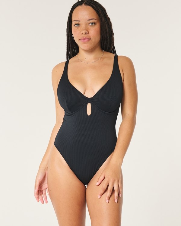 Curvy Ribbed One-Piece Swimsuit, Black