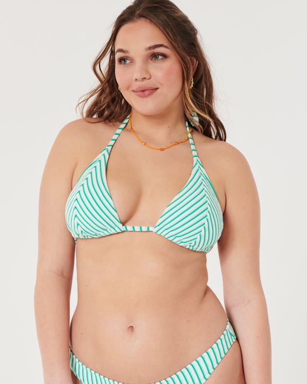 Scrunch-Ribbed Multi-Way Triangle Bikini Top, Green Stripe