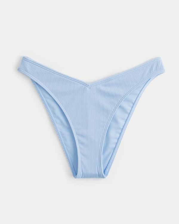 Ribbed V-Front High-Leg Cheeky Bikini Bottom, Light Blue