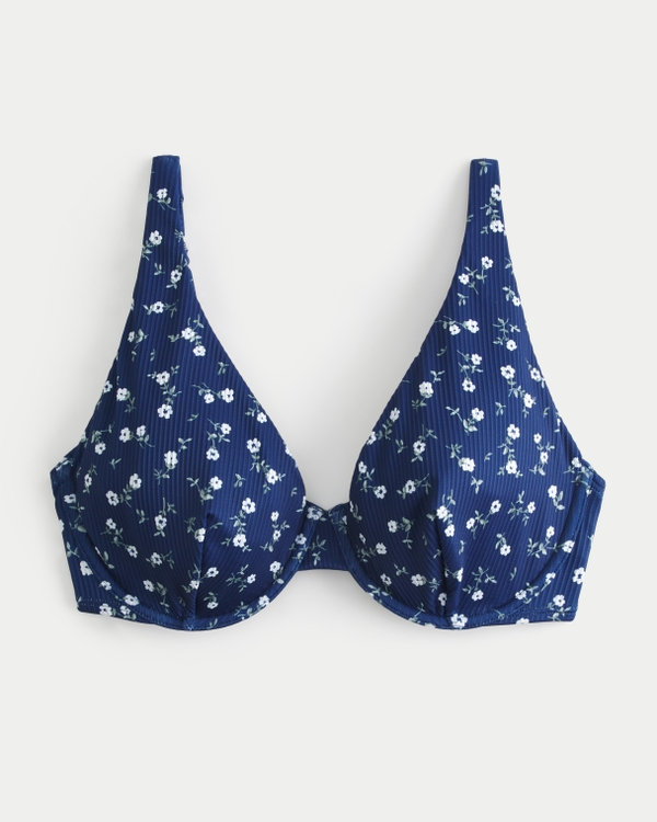 Curvy High Apex Ribbed Underwire Bikini Top, Dark Blue Floral
