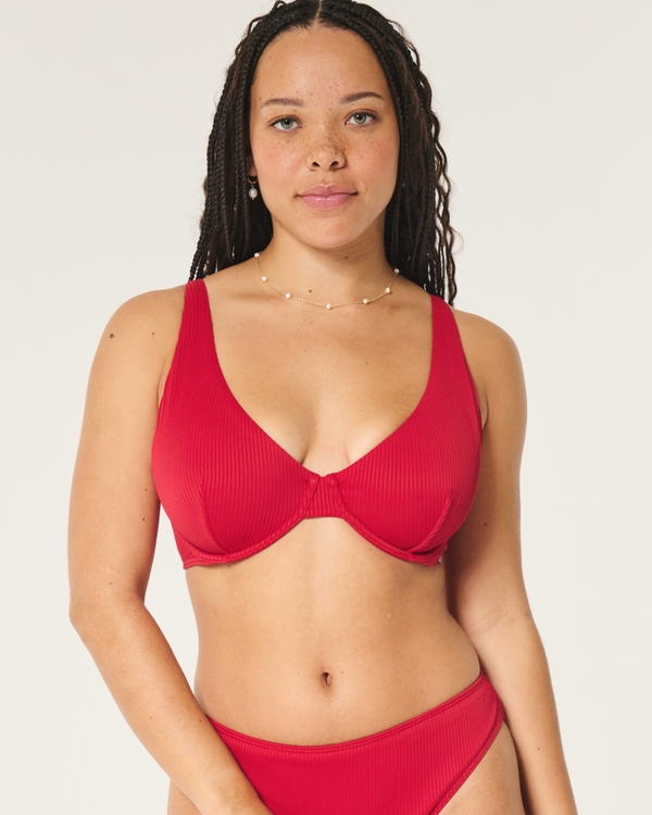 Curvy High Apex Ribbed Underwire Bikini Top, Red
