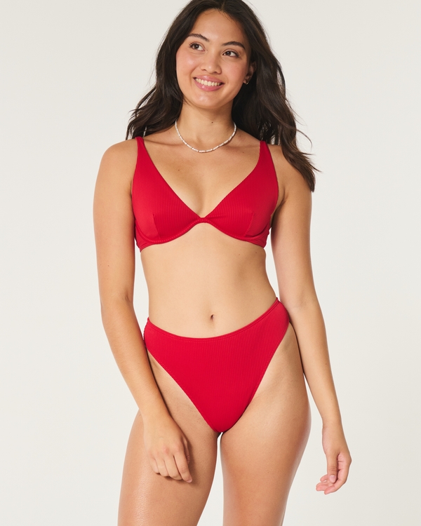 Curvy High-Leg High-Waist Ribbed Cheeky Bikini Bottom, Red
