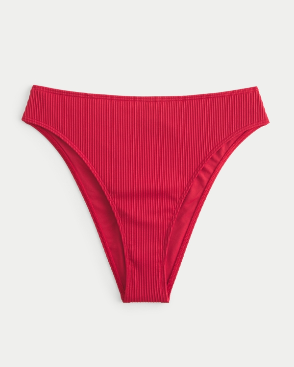 Curvy High-Leg High-Waist Ribbed Cheeky Bikini Bottom, Red