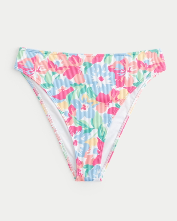 Curvy High-Leg High-Waist Ribbed Bikini Bottom, Multi Color Floral