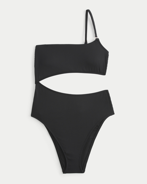 Asymmetrical Ribbed One-Piece Swimsuit, Black