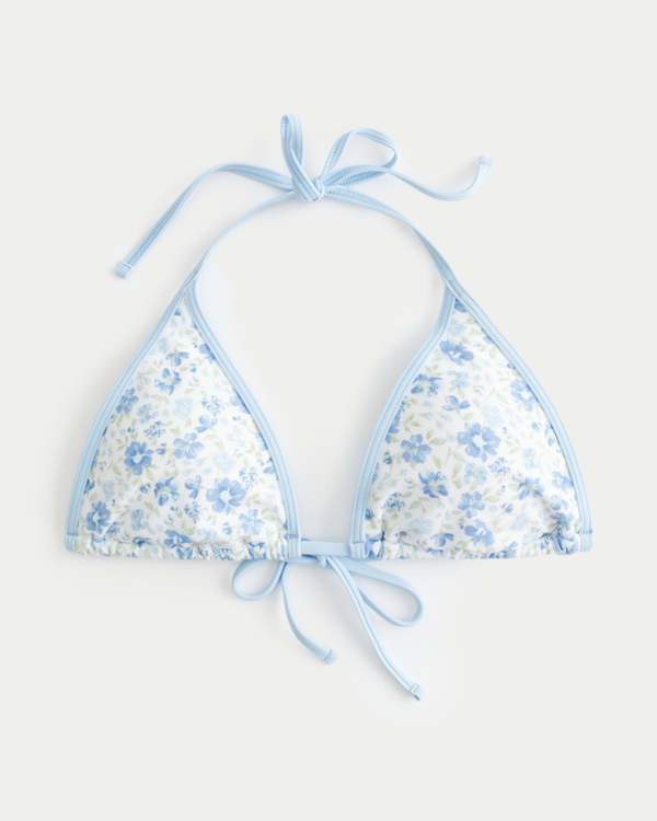 Contrast Strap Triangle Bikini Top, Light Blue Floral