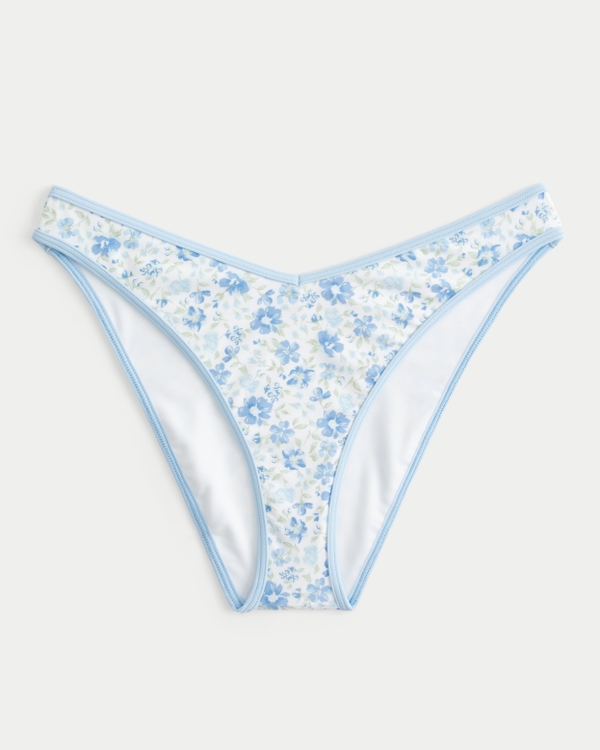 Contrast Strap High-Leg Cheeky Bikini Bottom, Light Blue Floral