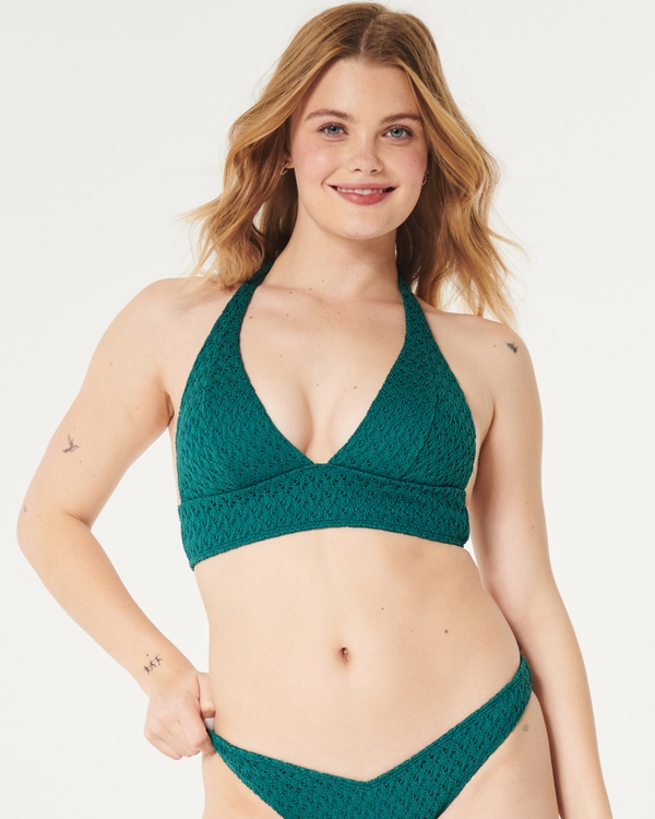 Crochet-Style Longline Triangle Bikini Top, Dark Green