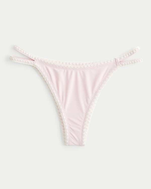 High-Leg Embroidered Stitch Strappy Cheekiest Bikini Bottom, Light Pink