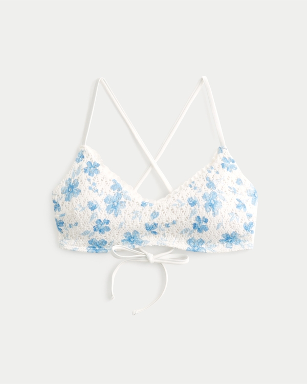 Crochet-Style Scoop Bikini Top, White Floral