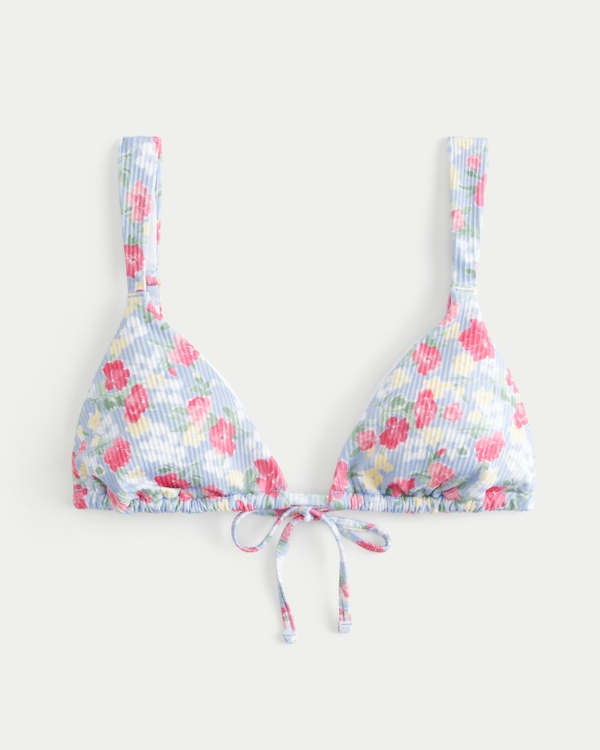 Tapered Ribbed Triangle Bikini Top, Light Blue Floral