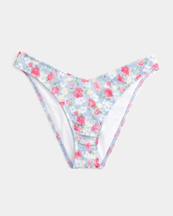 Bas de bikini côtelé cheeky, taillé en V et avec jambe échancrée, Light Blue Floral