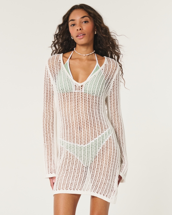 Crochet-Style Cover Up Dress, White