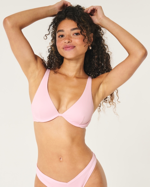 Ribbed High Apex Underwire Bikini Top, Pale Pink