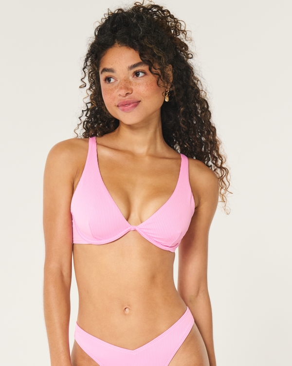 Ribbed High Apex Underwire Bikini Top, Bubblegum Pink