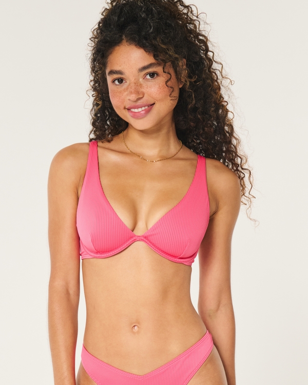 Ribbed High Apex Underwire Bikini Top, Flamingo Pink