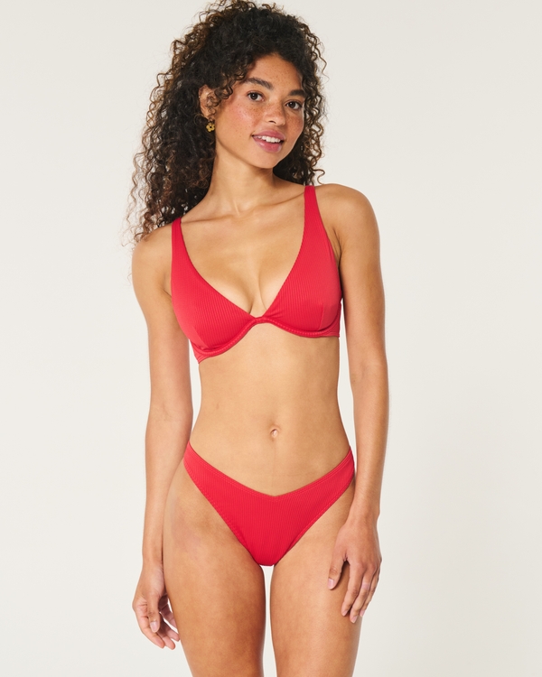 Ribbed V-Front High-Leg Cheeky Bikini Bottom, Cherry Red