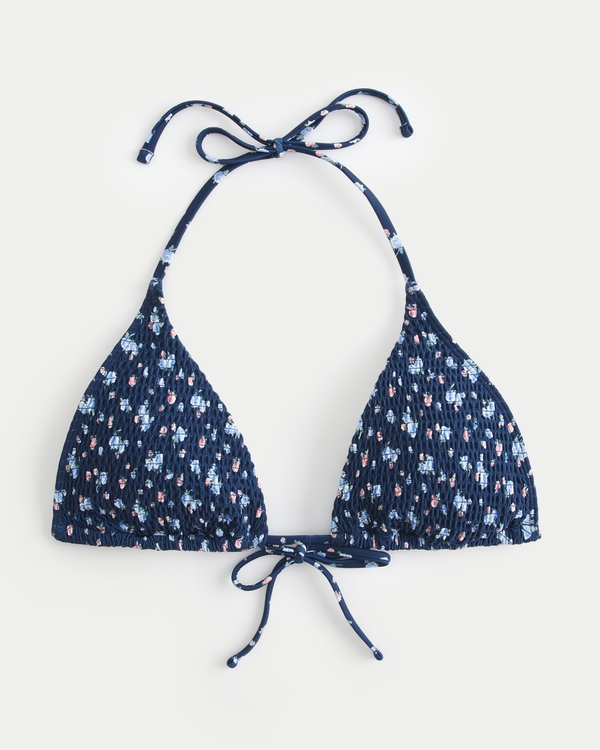 Smocked Multi-Way String Triangle Bikini Top, Navy Blue Floral