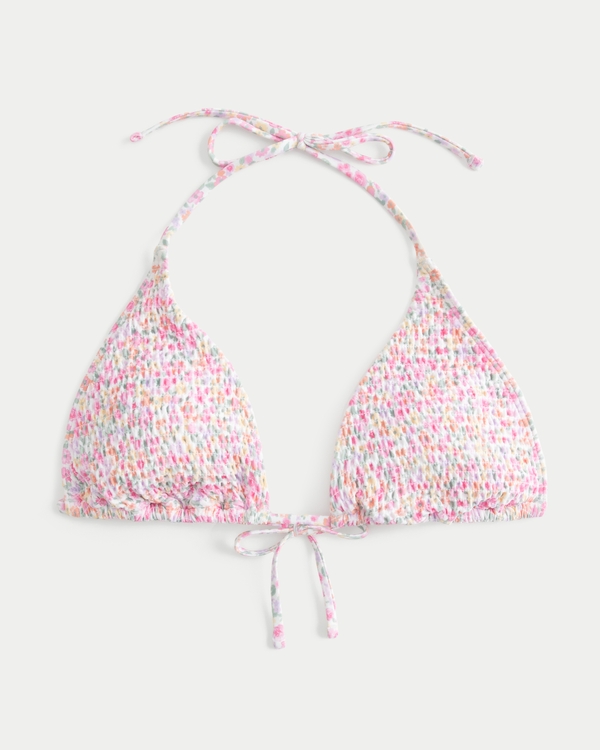 Smocked Multi-Way String Triangle Bikini Top, Light Pink Floral