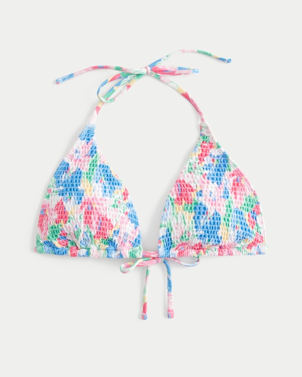 Smocked Multi-Way String Triangle Bikini Top, Pink Floral