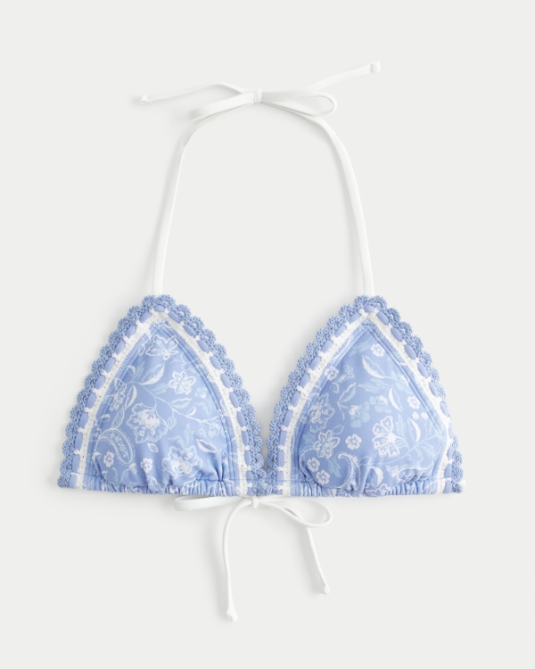 Crochet-Style Trim Triangle Bikini Top, Blue Floral