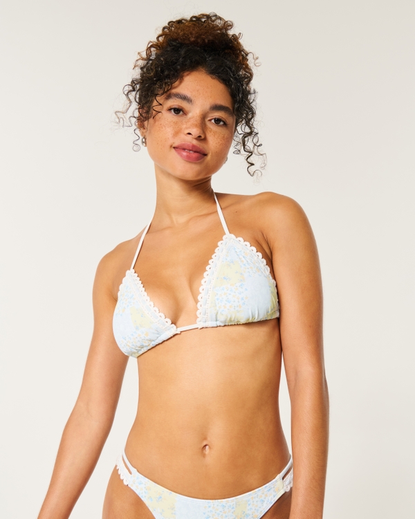 Crochet-Style Trim Triangle Bikini Top, Yellow Floral