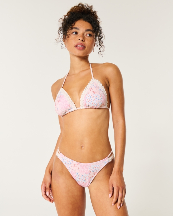 Strappy High-Leg Cheeky Bikini Bottom, Light Pink Floral