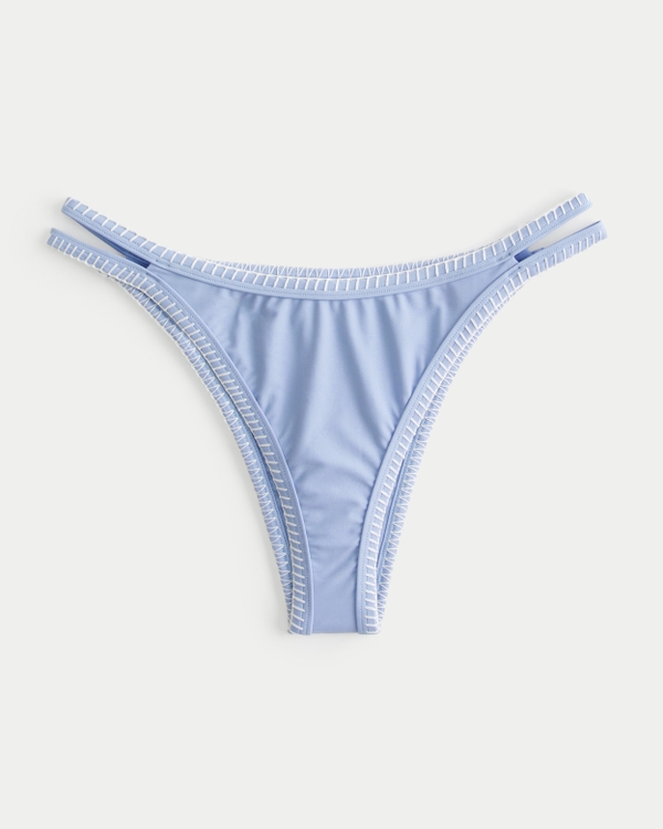 High-Leg Embroidered Stitch Strappy Cheekiest Bikini Bottom, Light Blue view 2