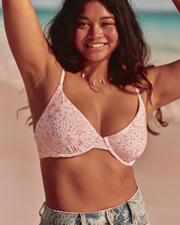 Curvy Plunge Underwire Bikini Top, Light Pink Floral view 1