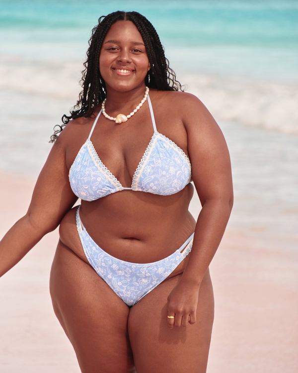 Crochet-Style Mixed High-Leg Cheeky Bikini Bottom, Blue view 1