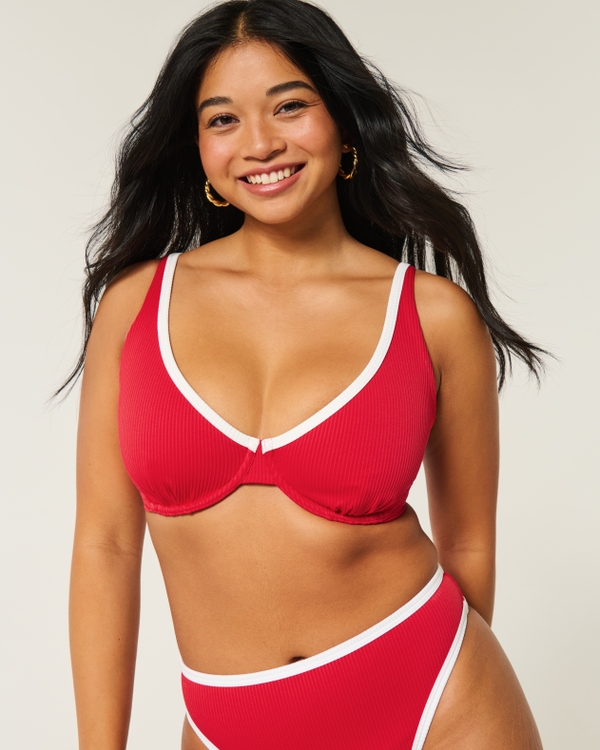 Top de bikini acanalado con aro interno con vértice alto y curvas, Rojo Cereza view 1