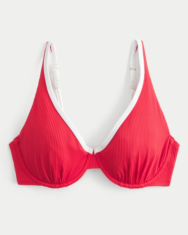 Top de bikini acanalado con aro interno con vértice alto y curvas, Rojo Cereza view 2
