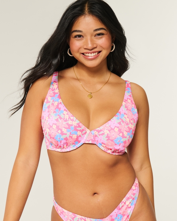 Curvy High Apex Ribbed Underwire Bikini Top, Dark Pink Pattern view 1