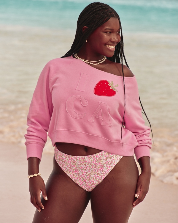 Curvy High-Leg High-Waist Ribbed Cheeky Bikini Bottom, Light Pink Floral view 1