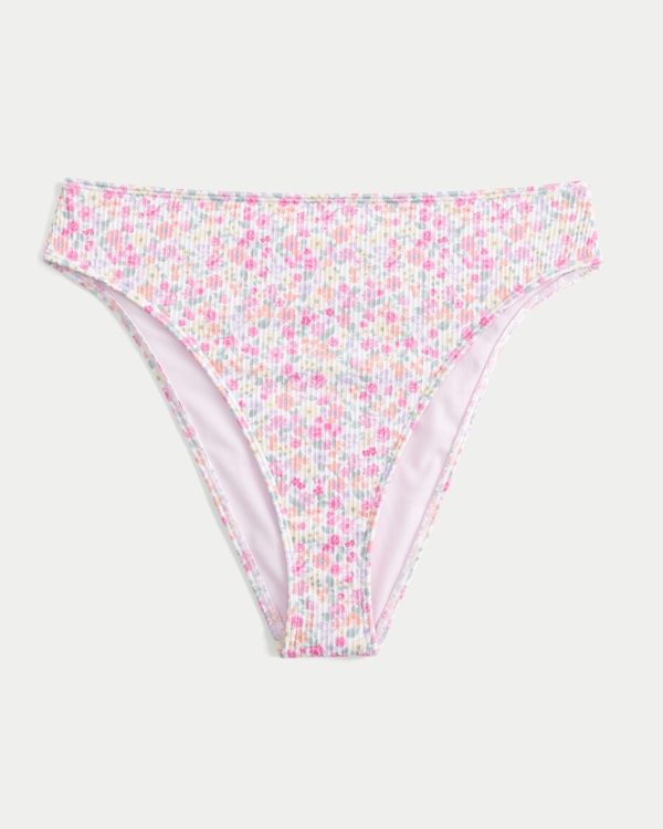 Curvy High-Leg High-Waist Ribbed Cheeky Bikini Bottom, Light Pink Floral view 2
