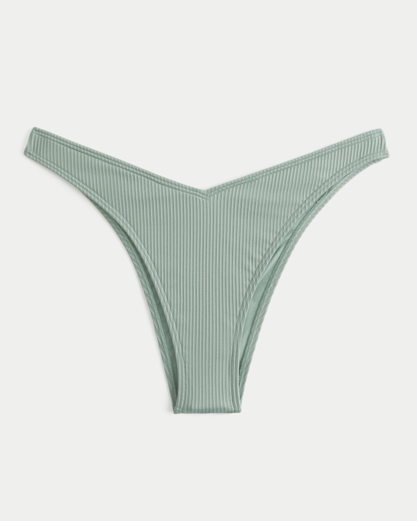 Slip Bikini Cheeky Sgambato a Vita Alta a Coste, Verde Eucalipto view 2