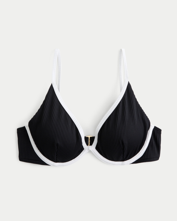 Ribbed Plunge Underwire Bikini Top, Black view 2