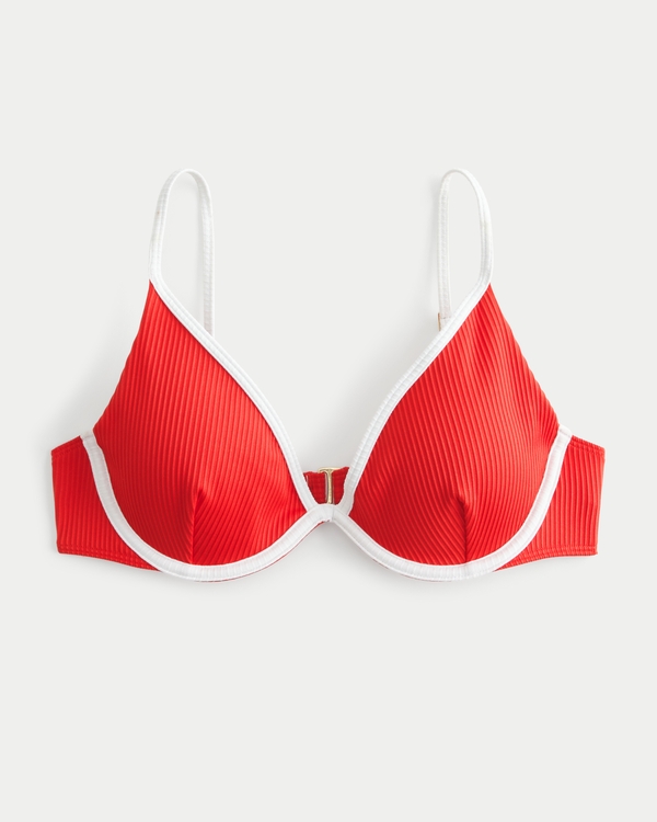 Ribbed Plunge Underwire Bikini Top, Cherry Red