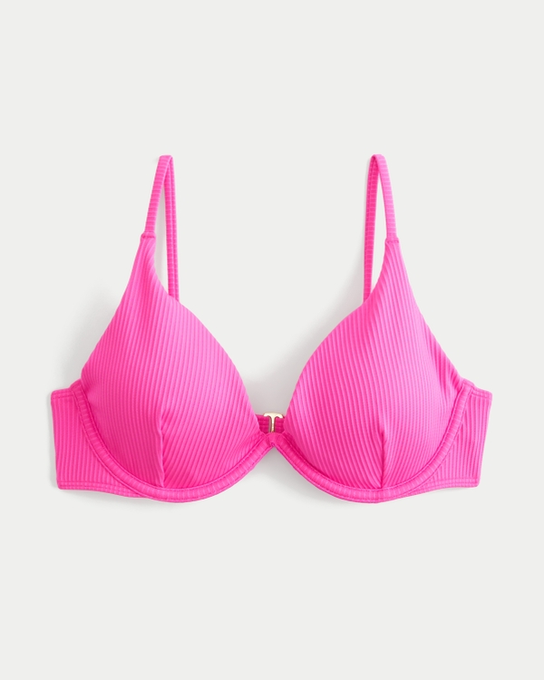 Ribbed Plunge Underwire Bikini Top, Neon Pink