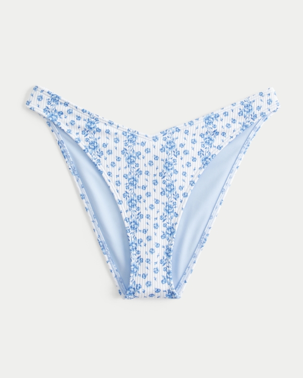 Ribbed High-Leg V-Waist Cheeky Bikini Bottom, Dusty Blue Floral view 1
