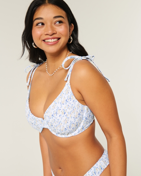 Curvy Smocked Underwire Bikini Top, White Print view 1