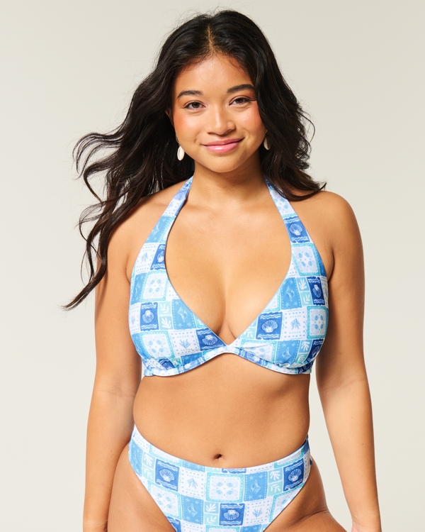 Top de bikini reversible de triángulo halter curvy, Estampado Azul Claro view 2
