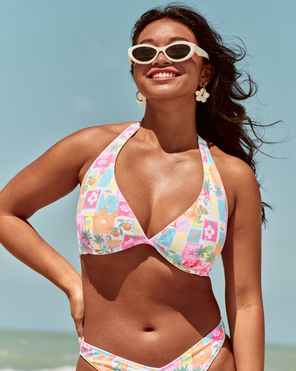 Top de bikini reversible de triángulo halter curvy, Estampado De Cuarzo Rosa view 1