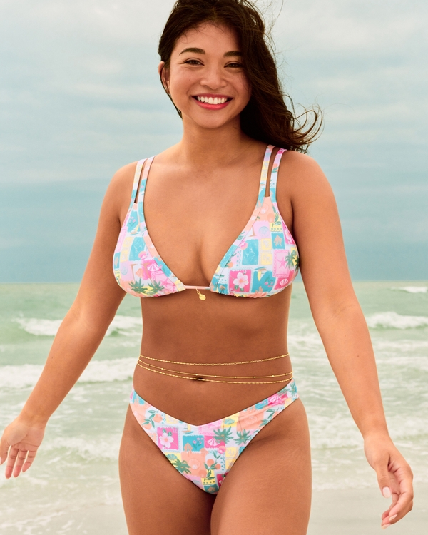 Double Strap Triangle Bikini Top, Light Pink Print view 1