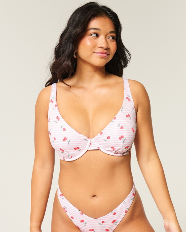 Curvy High Apex Ribbed Underwire Bikini Top, Light Pink Print view 1