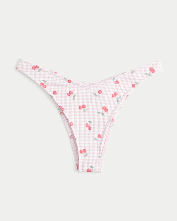 Slip Bikini Cheeky Sgambato a Vita Alta a Coste, Rosa Chiaro Con Stampa view 2