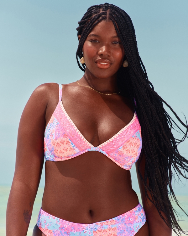 Top de bikini con aros escotado y bordado con pespuntes, Floral Rosa view 1