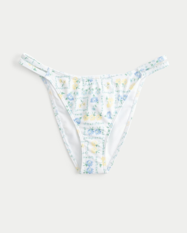 Double Strap Cheeky Bikini Bottom, White Floral view 1