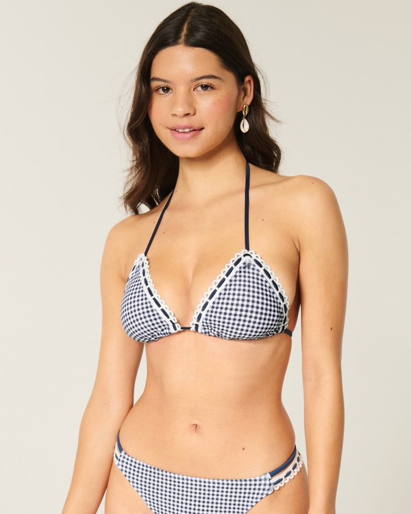Stitched Trim Halter Triangle Bikini Top, Navy Blue Plaid view 2