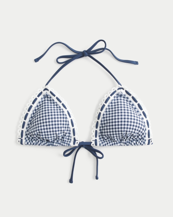 Stitched Trim Halter Triangle Bikini Top, Navy Blue Plaid view 1